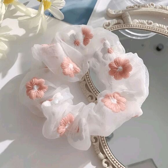 Embroidered Flower Scrunchies- 2 - Picture 3 of 9